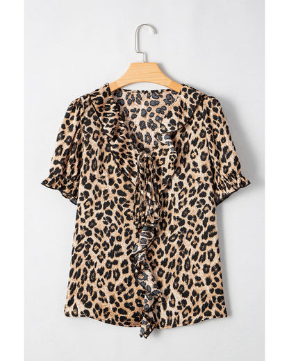 Khaki Leopard Ruffled Neck Cascading Puff Short Sleeve Top - M