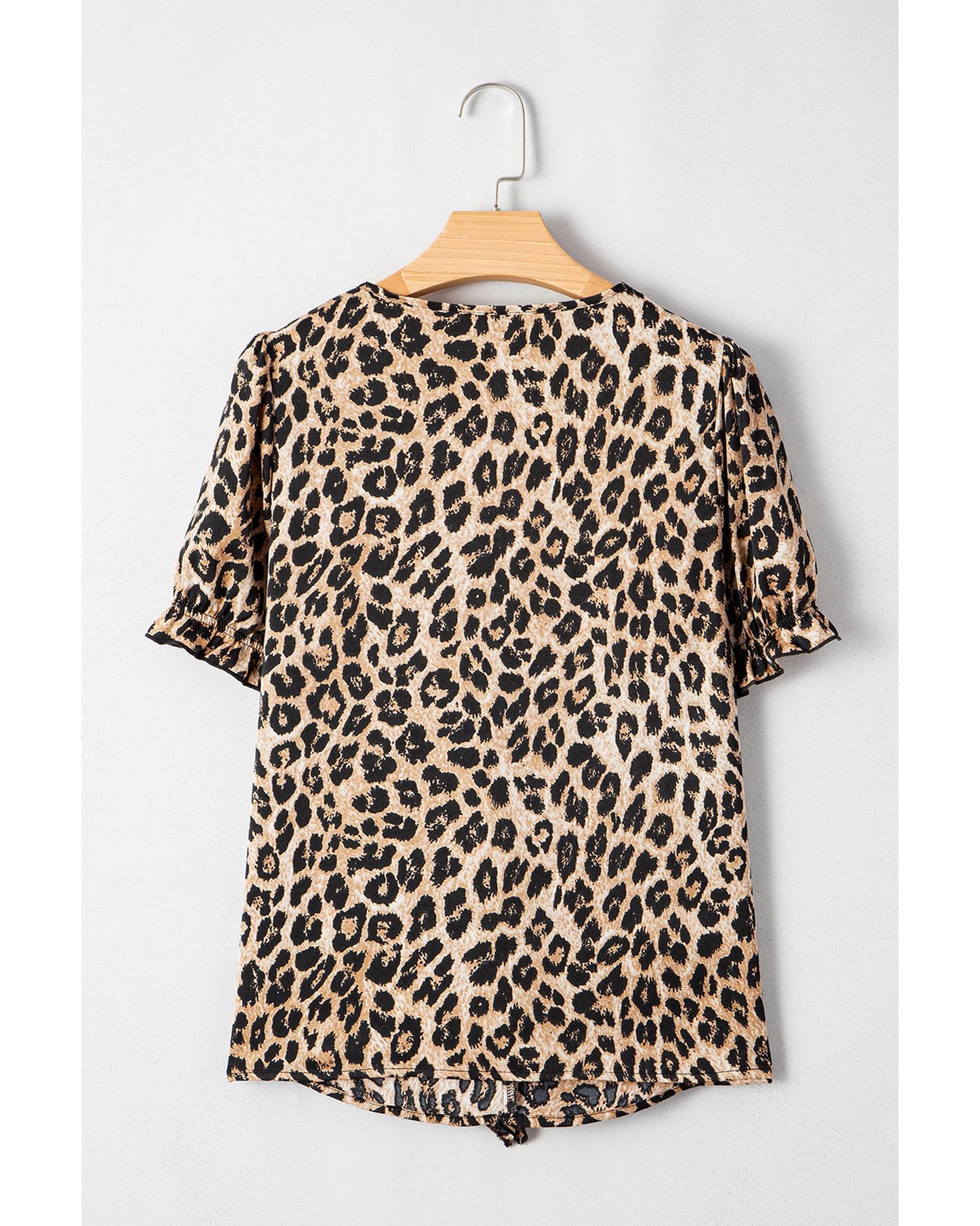 Khaki Leopard Ruffled Neck Cascading Puff Short Sleeve Top - M