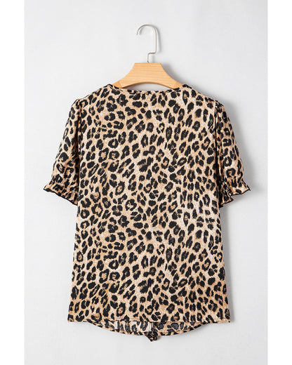 Khaki Leopard Ruffled Neck Cascading Puff Short Sleeve Top - M