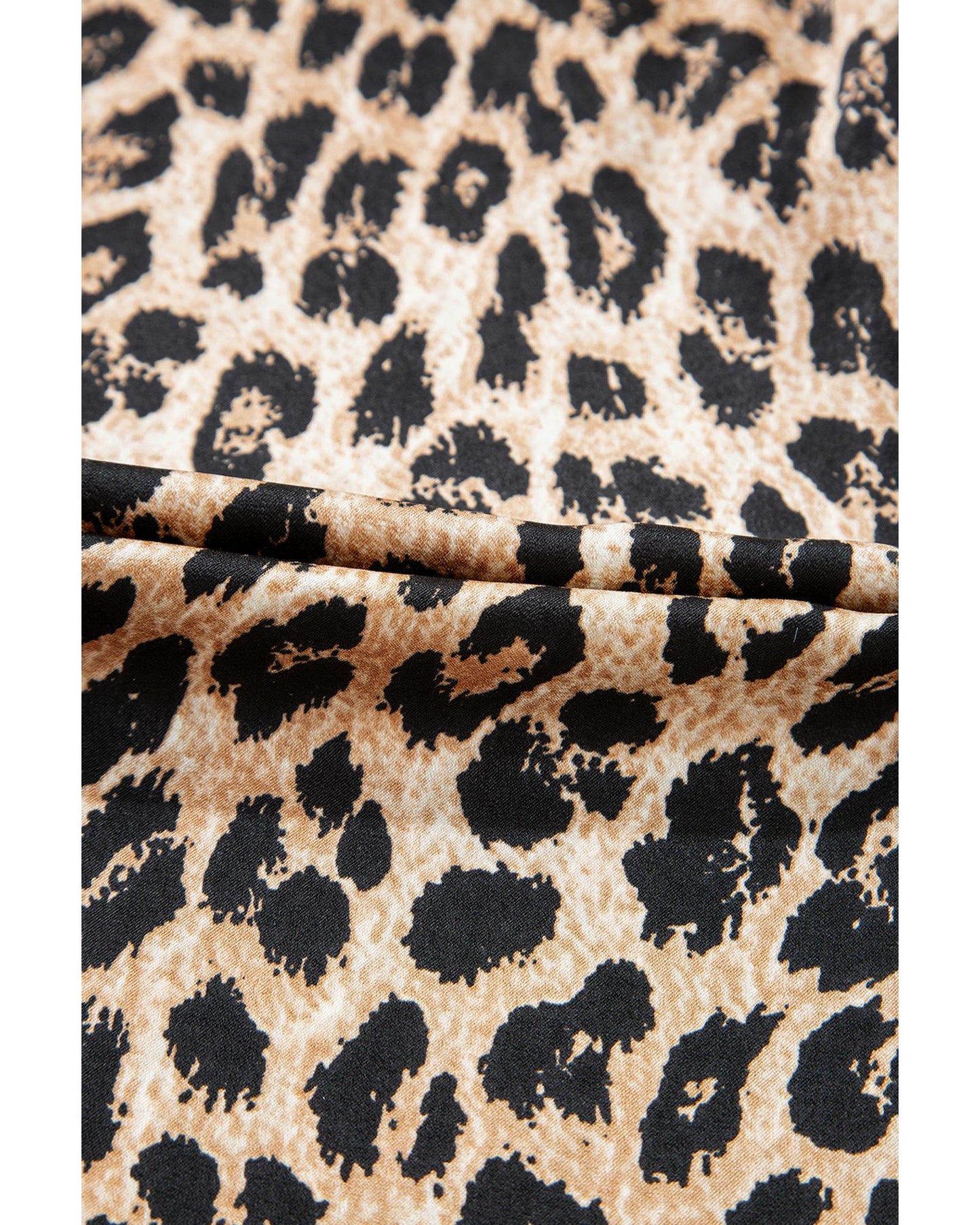 Khaki Leopard Ruffled Neck Cascading Puff Short Sleeve Top - M