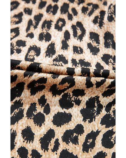 Khaki Leopard Ruffled Neck Cascading Puff Short Sleeve Top - M