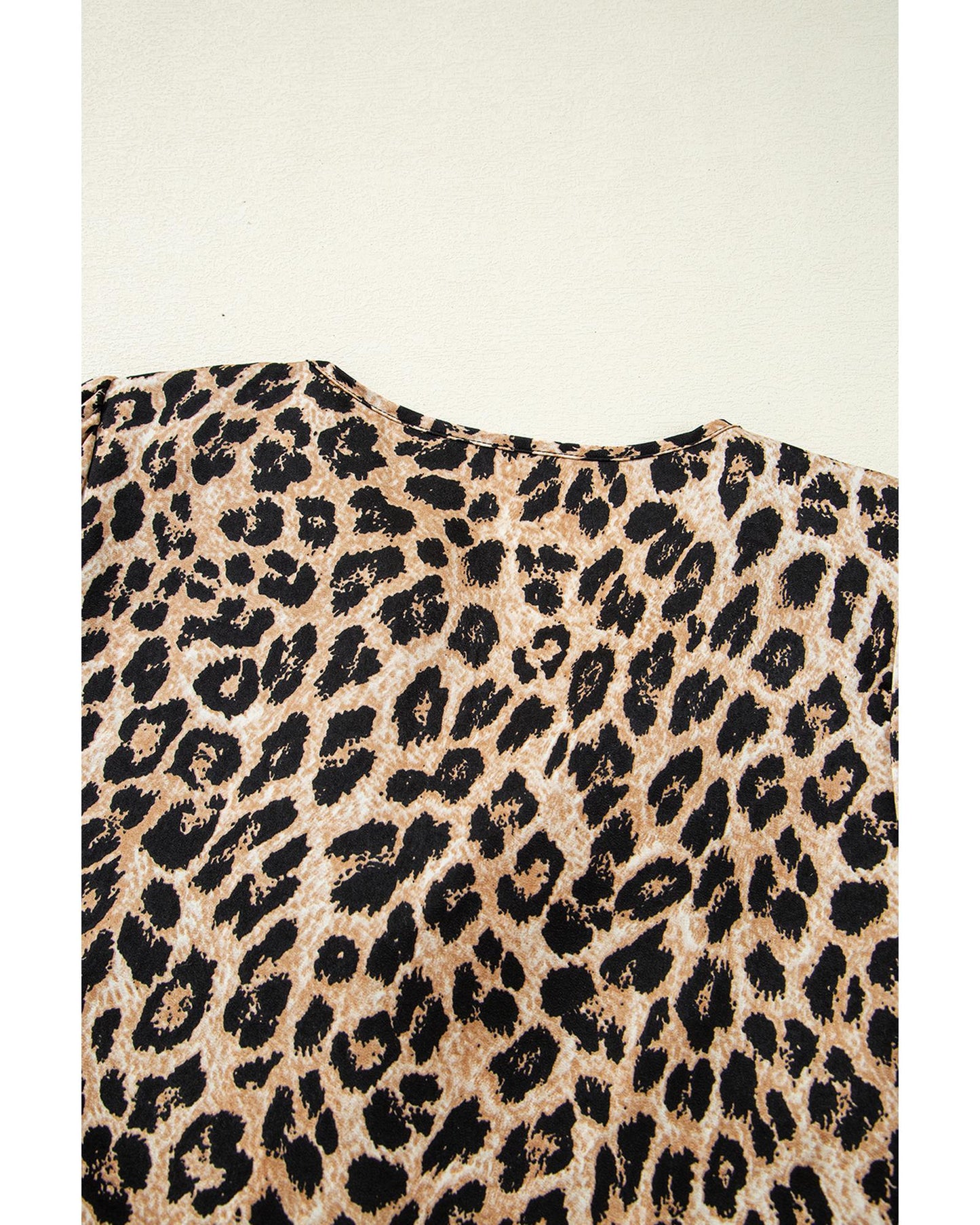 Khaki Leopard Ruffled Neck Cascading Puff Short Sleeve Top - M