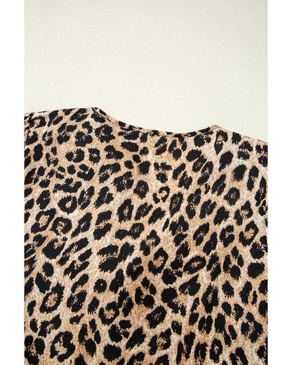 Khaki Leopard Ruffled Neck Cascading Puff Short Sleeve Top - M