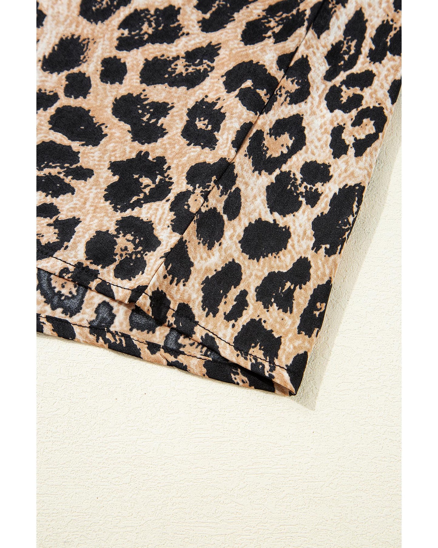 Khaki Leopard Ruffled Neck Cascading Puff Short Sleeve Top - M