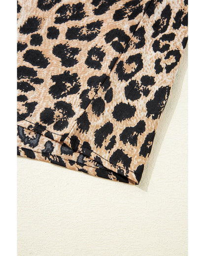 Khaki Leopard Ruffled Neck Cascading Puff Short Sleeve Top - M