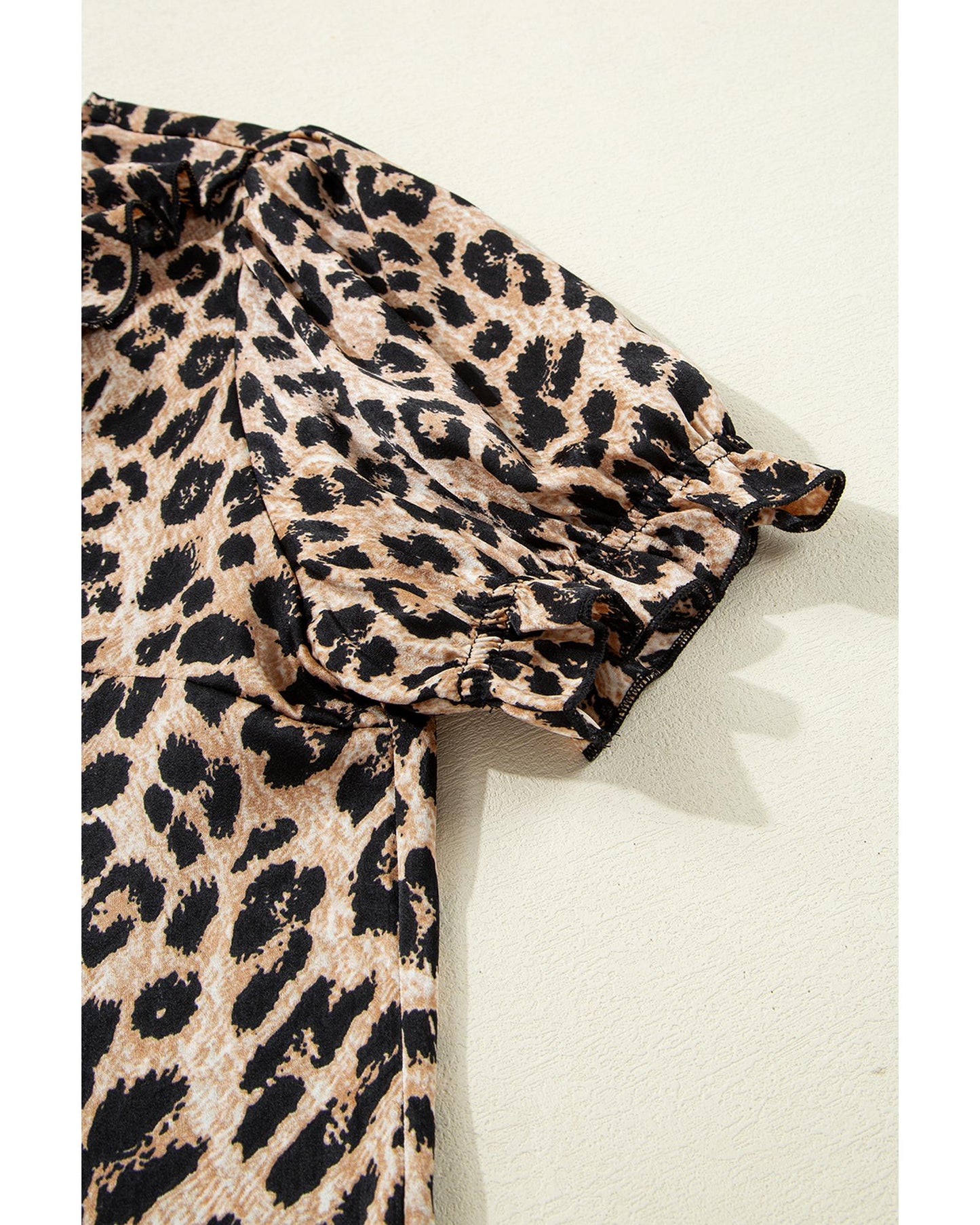 Khaki Leopard Ruffled Neck Cascading Puff Short Sleeve Top - M