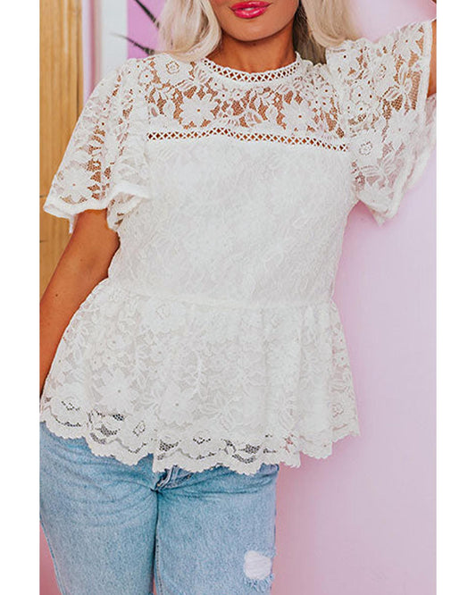 White Short Sleeve Scalloped Floral Lace Peplum Blouse - M