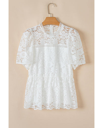White Short Sleeve Scalloped Floral Lace Peplum Blouse - M