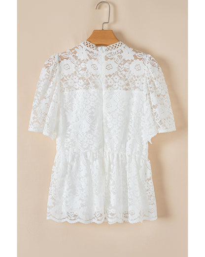White Short Sleeve Scalloped Floral Lace Peplum Blouse - M