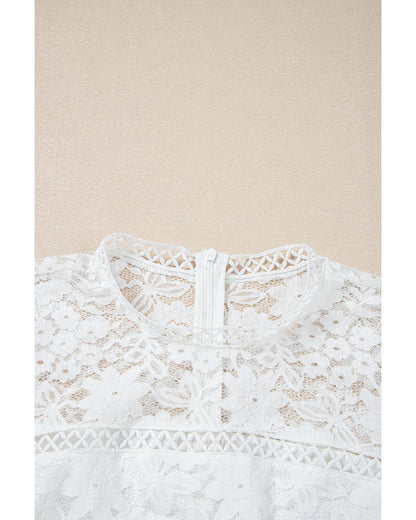White Short Sleeve Scalloped Floral Lace Peplum Blouse - M