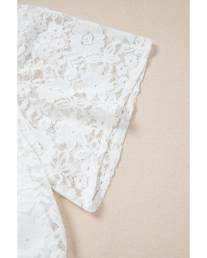 White Short Sleeve Scalloped Floral Lace Peplum Blouse - M