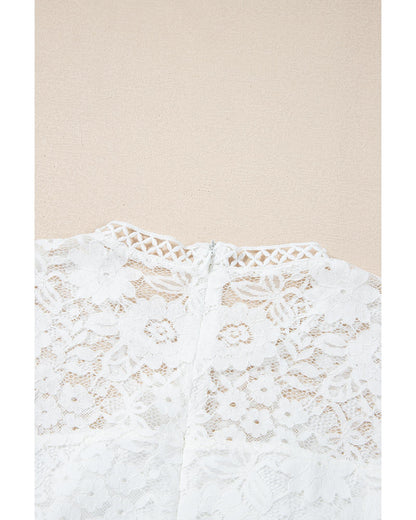 White Short Sleeve Scalloped Floral Lace Peplum Blouse - M