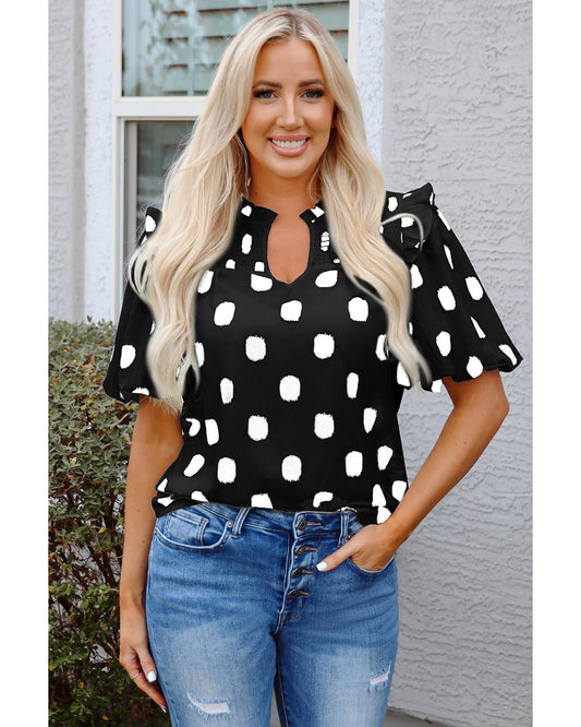 Black Polka Dot Print Shirred Yoke Notched Neck Balloon Sleeve Blouse - S
