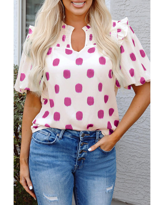 Rose Polka Dot Print Shirred Yoke Notched Neck Balloon Sleeve Blouse - M