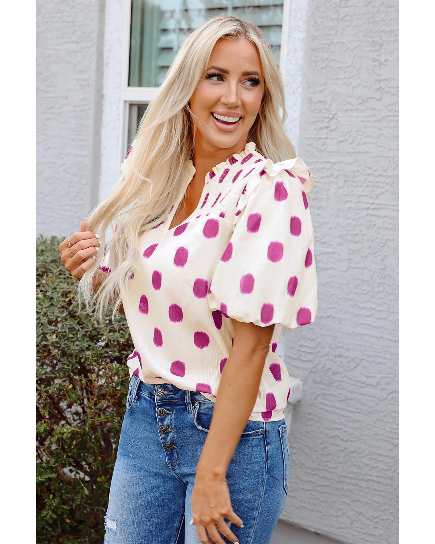 Rose Polka Dot Print Shirred Yoke Notched Neck Balloon Sleeve Blouse - M