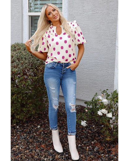 Rose Polka Dot Print Shirred Yoke Notched Neck Balloon Sleeve Blouse - M