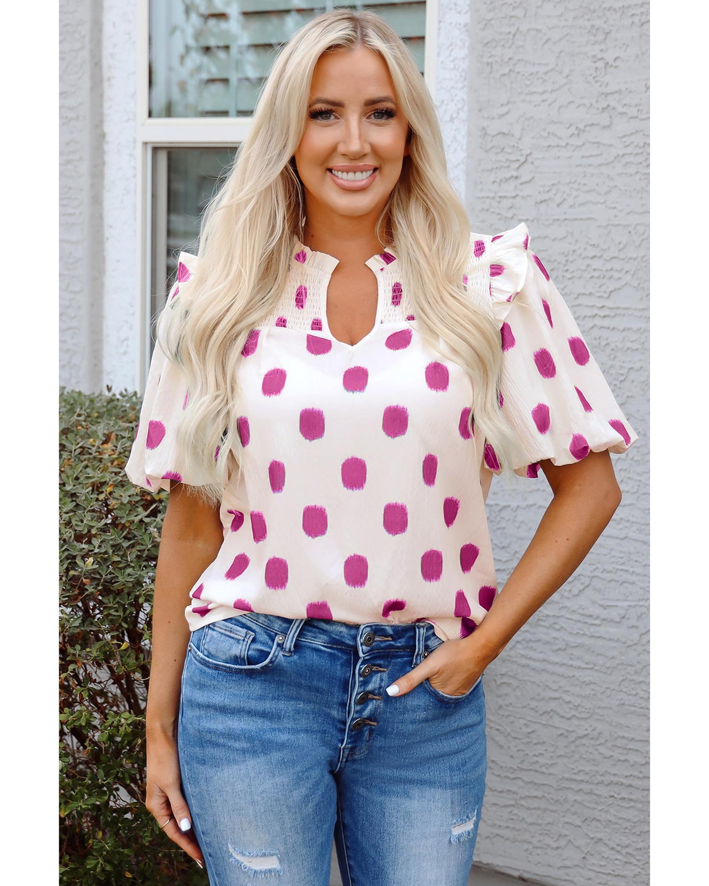 Rose Polka Dot Print Shirred Yoke Notched Neck Balloon Sleeve Blouse - M