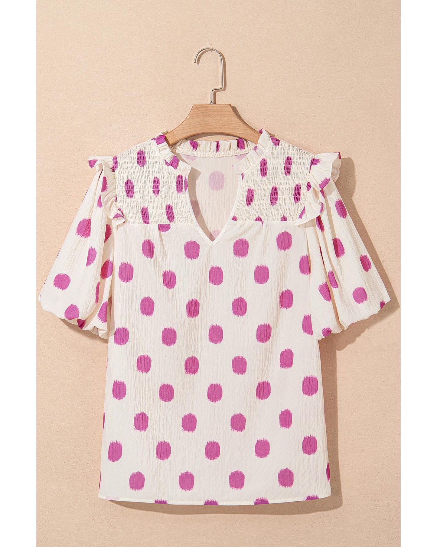 Rose Polka Dot Print Shirred Yoke Notched Neck Balloon Sleeve Blouse - M