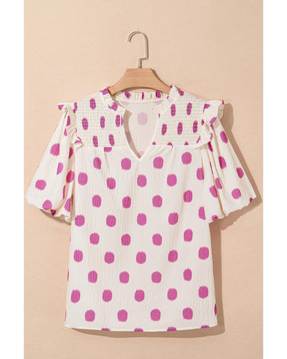 Rose Polka Dot Print Shirred Yoke Notched Neck Balloon Sleeve Blouse - M