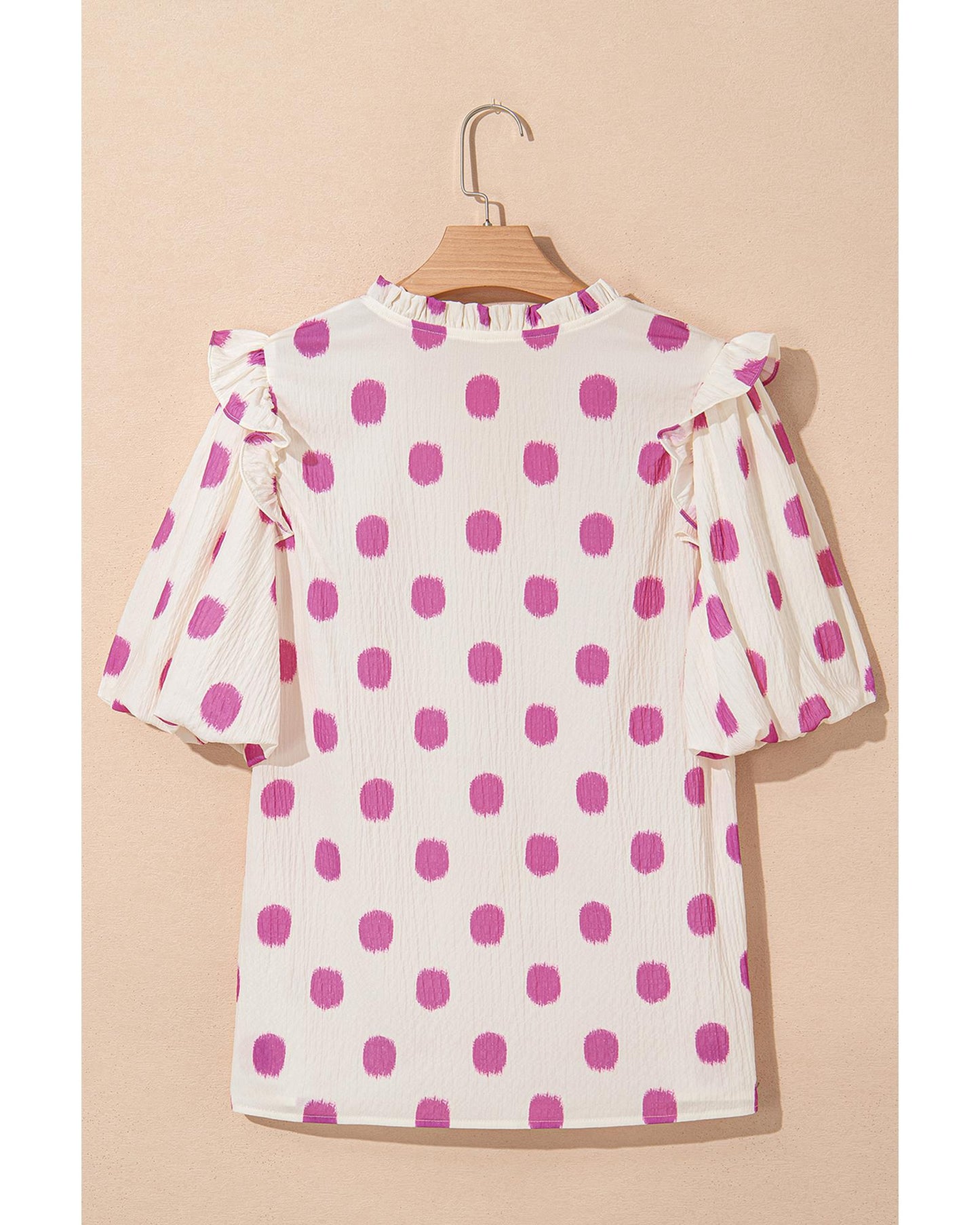 Rose Polka Dot Print Shirred Yoke Notched Neck Balloon Sleeve Blouse - M