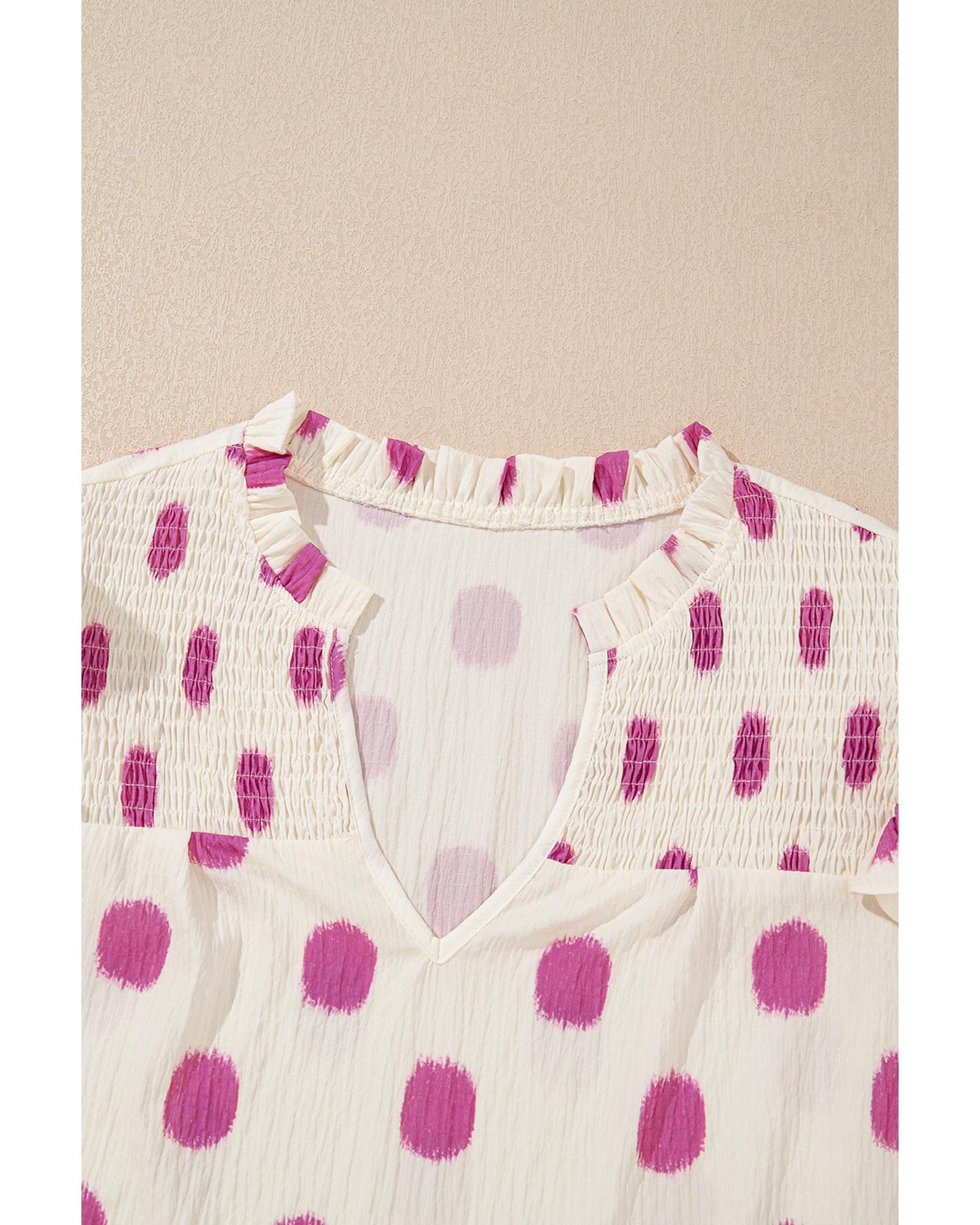 Rose Polka Dot Print Shirred Yoke Notched Neck Balloon Sleeve Blouse - M