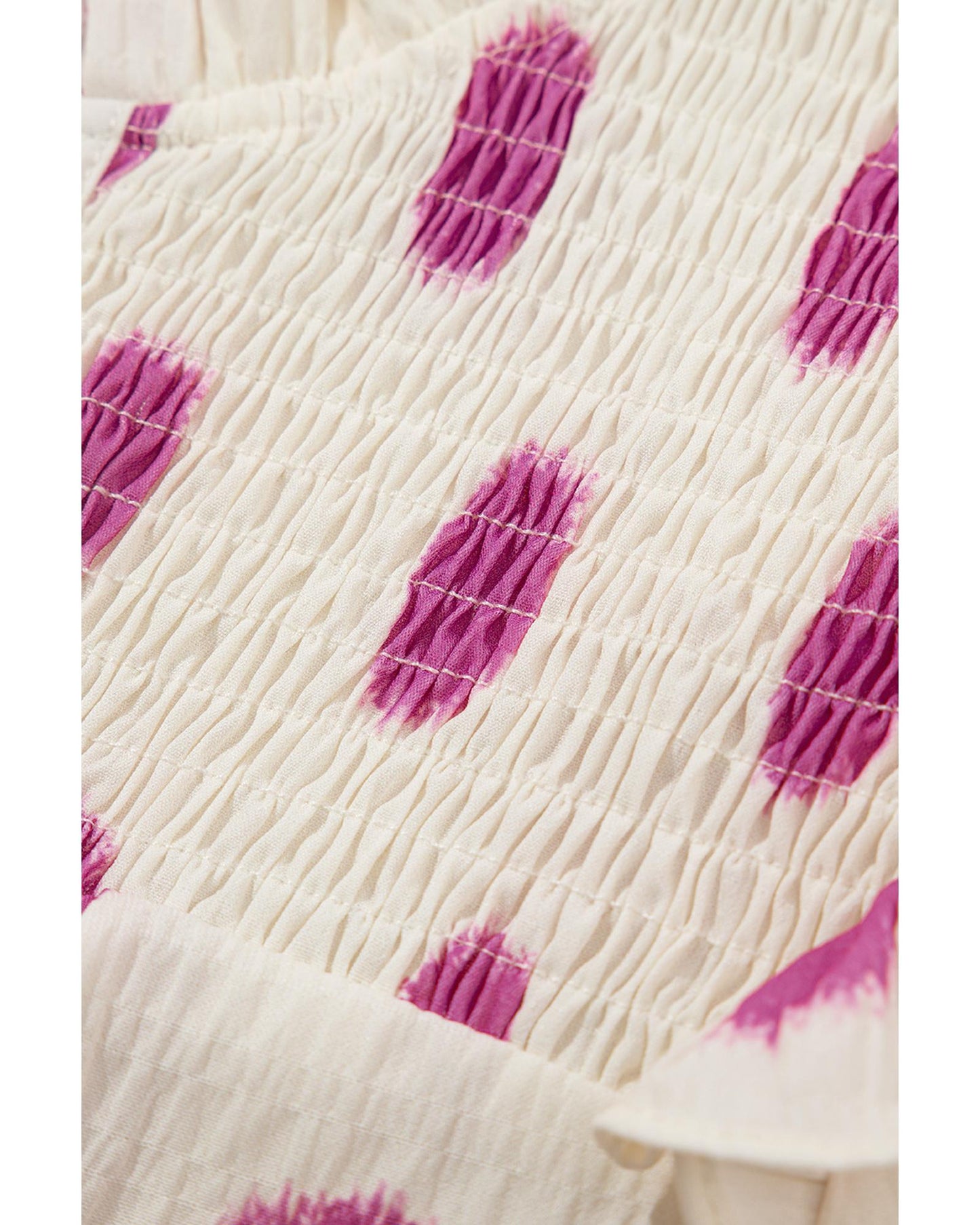 Rose Polka Dot Print Shirred Yoke Notched Neck Balloon Sleeve Blouse - M