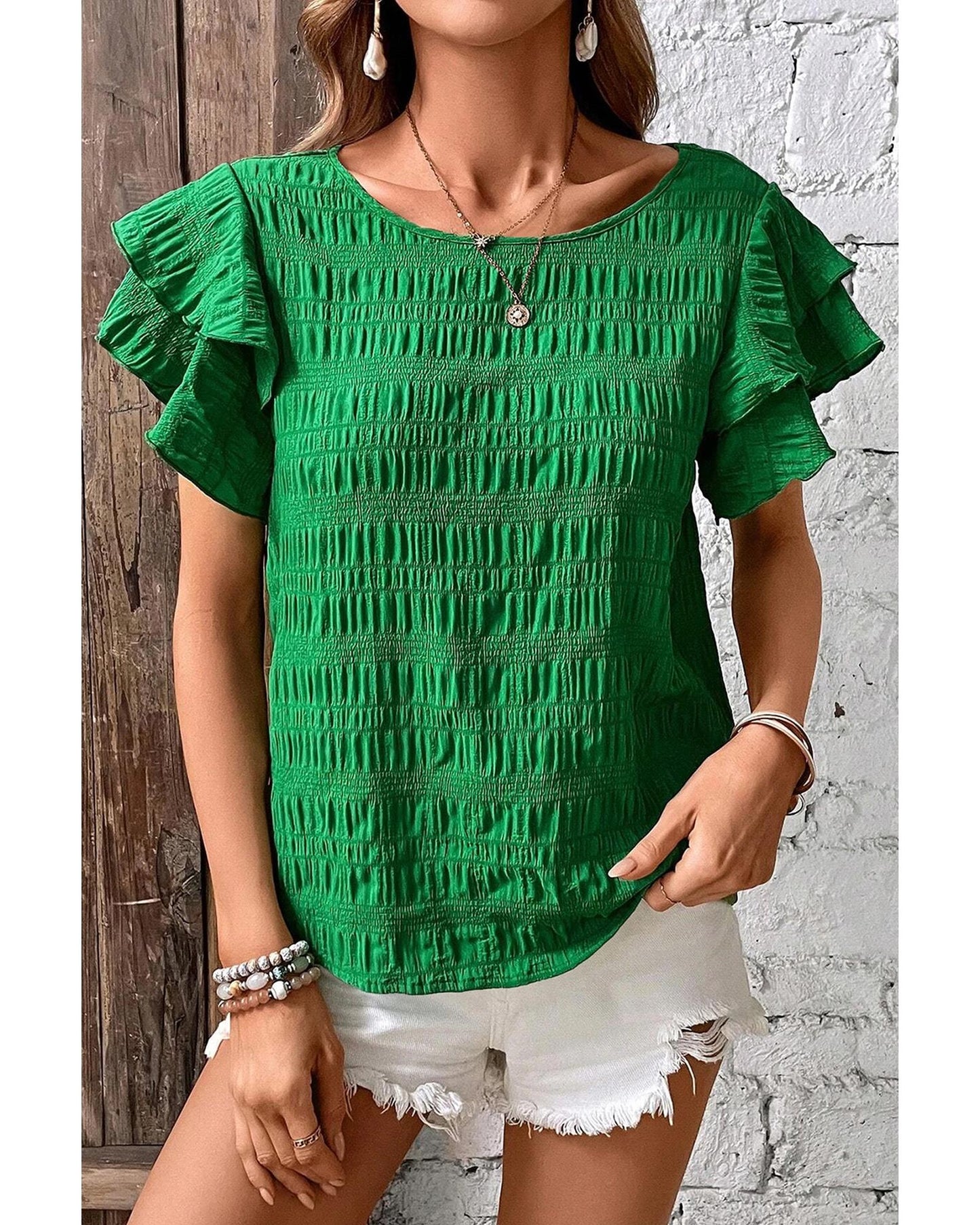 Dark Green Textured Ruffled Sleeve Round Neck Top - S