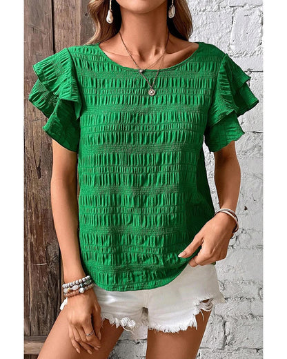 Dark Green Textured Ruffled Sleeve Round Neck Top - S