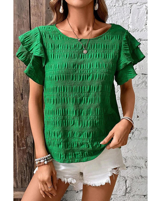Dark Green Textured Ruffled Sleeve Round Neck Top - S