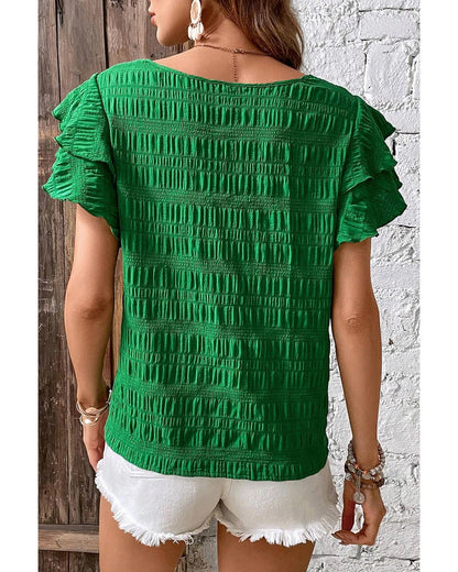 Dark Green Textured Ruffled Sleeve Round Neck Top - S