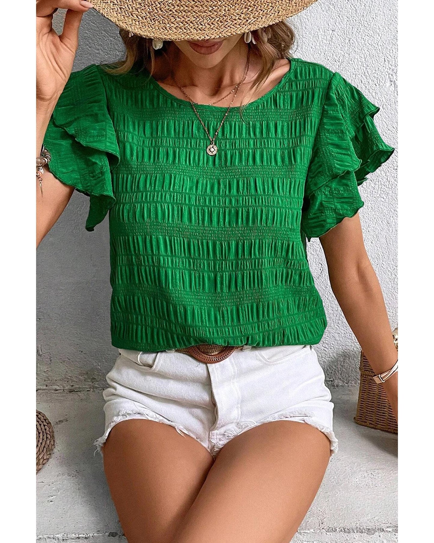 Dark Green Textured Ruffled Sleeve Round Neck Top - S