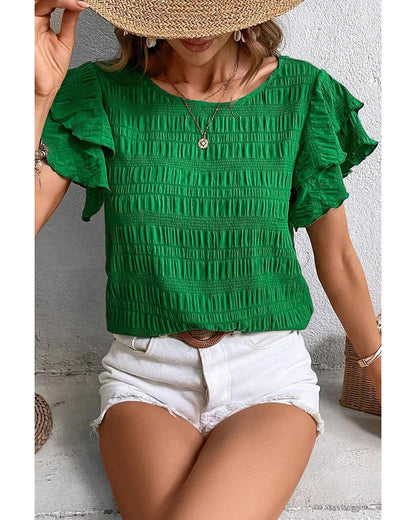 Dark Green Textured Ruffled Sleeve Round Neck Top - S