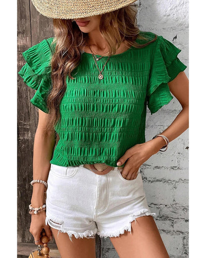 Dark Green Textured Ruffled Sleeve Round Neck Top - S