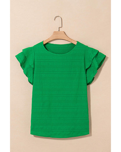 Dark Green Textured Ruffled Sleeve Round Neck Top - S
