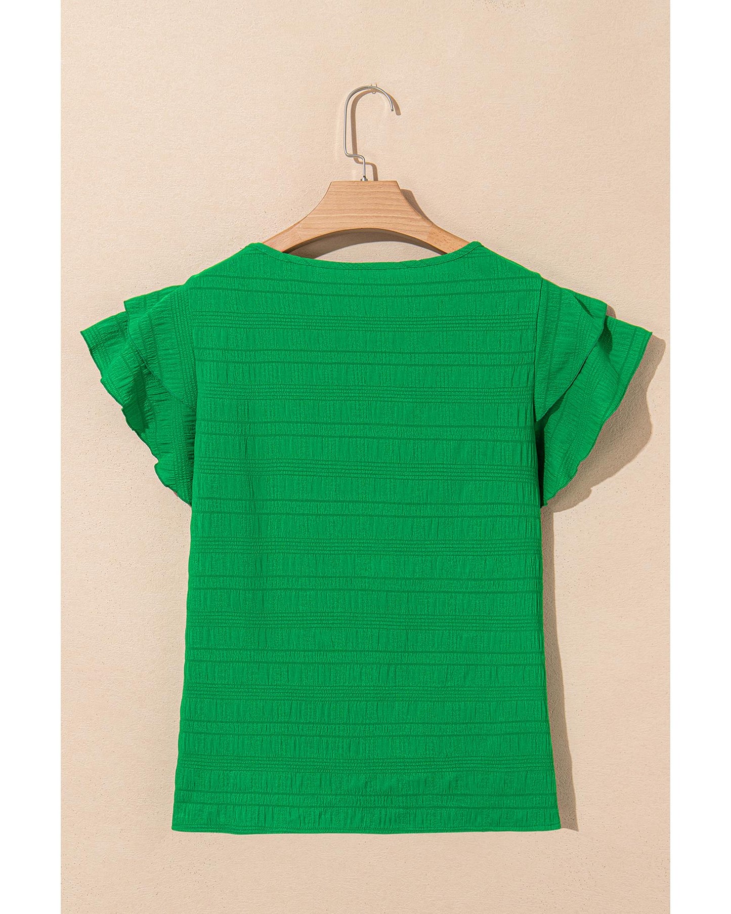 Dark Green Textured Ruffled Sleeve Round Neck Top - S