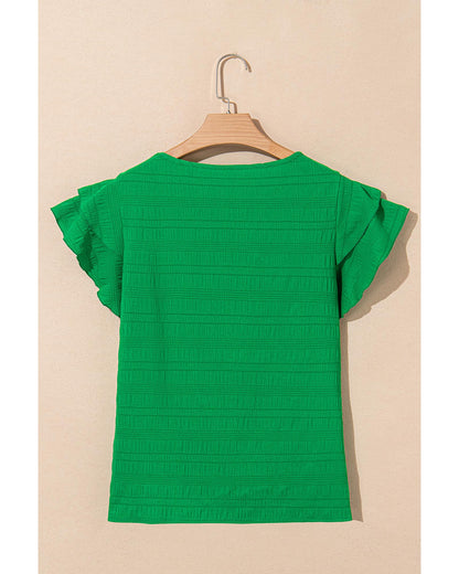 Dark Green Textured Ruffled Sleeve Round Neck Top - S