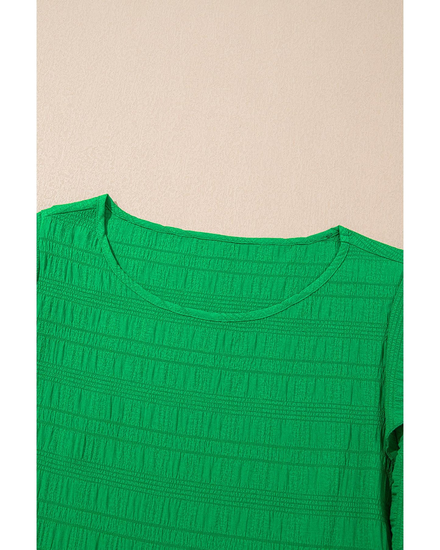 Dark Green Textured Ruffled Sleeve Round Neck Top - S
