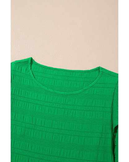 Dark Green Textured Ruffled Sleeve Round Neck Top - S