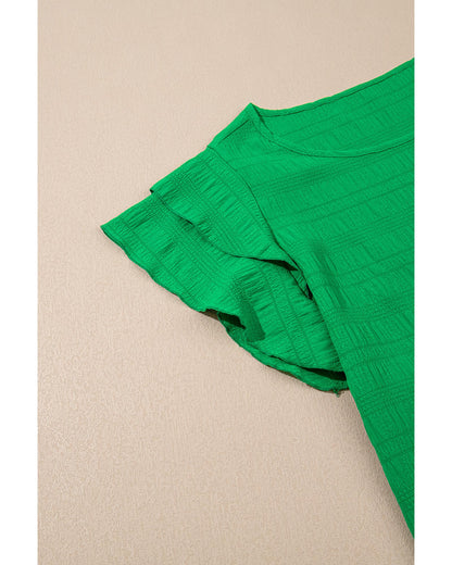 Dark Green Textured Ruffled Sleeve Round Neck Top - S