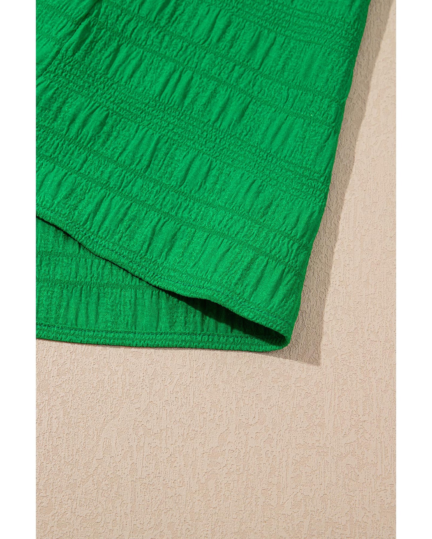 Dark Green Textured Ruffled Sleeve Round Neck Top - S