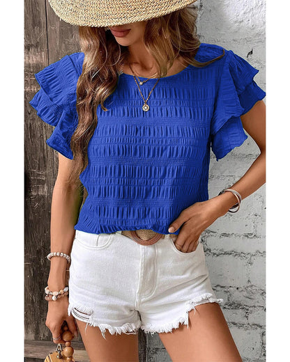Dark Blue Textured Ruffled Sleeve Round Neck Top - M