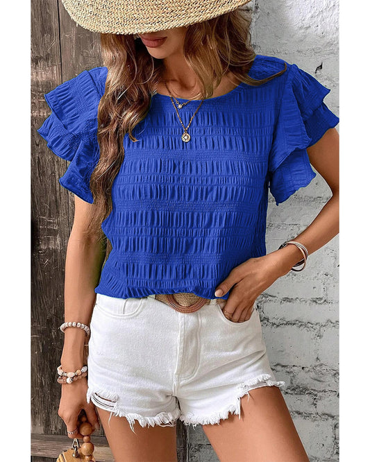 Dark Blue Textured Ruffled Sleeve Round Neck Top - M
