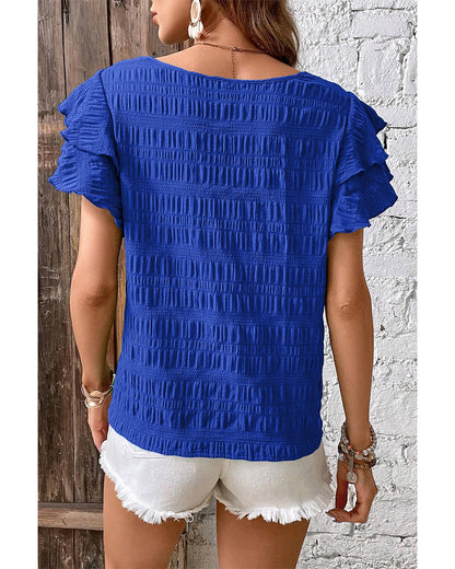 Dark Blue Textured Ruffled Sleeve Round Neck Top - M