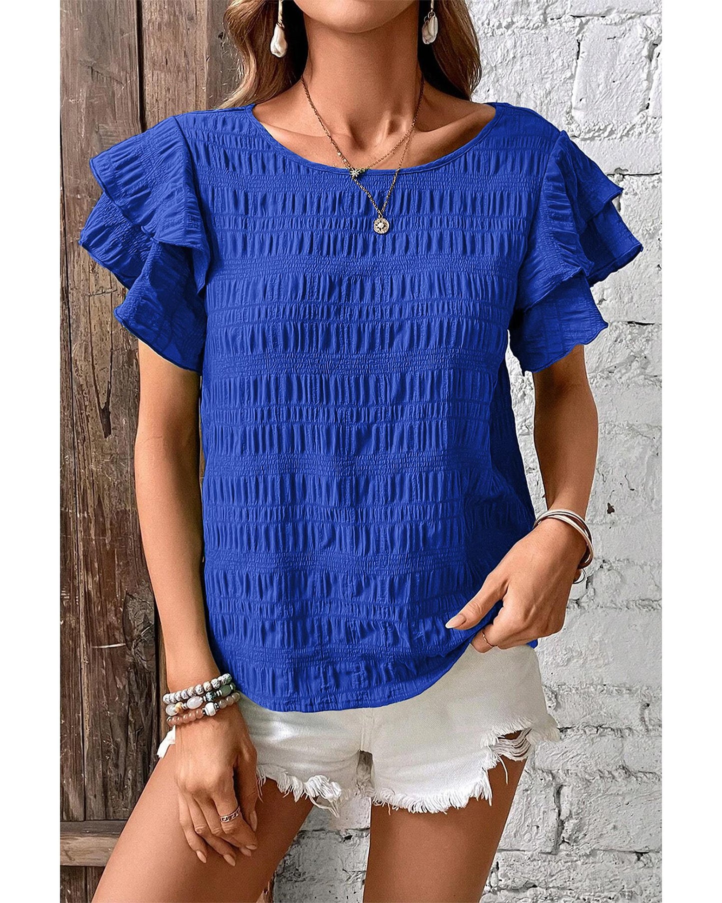 Dark Blue Textured Ruffled Sleeve Round Neck Top - M