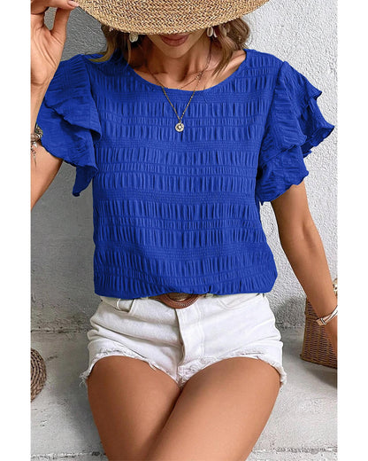 Dark Blue Textured Ruffled Sleeve Round Neck Top - M
