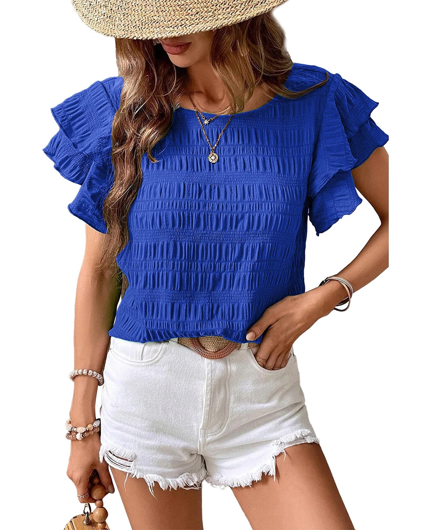 Dark Blue Textured Ruffled Sleeve Round Neck Top - M
