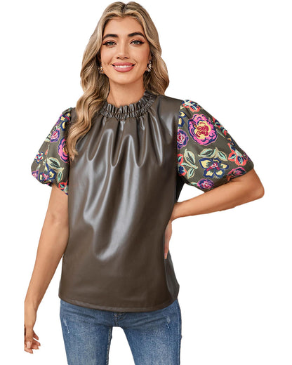 Four Leaf Clover Floral Bubble Sleeve Patchwork Leatherette Frilled Round Neck Blouse - S