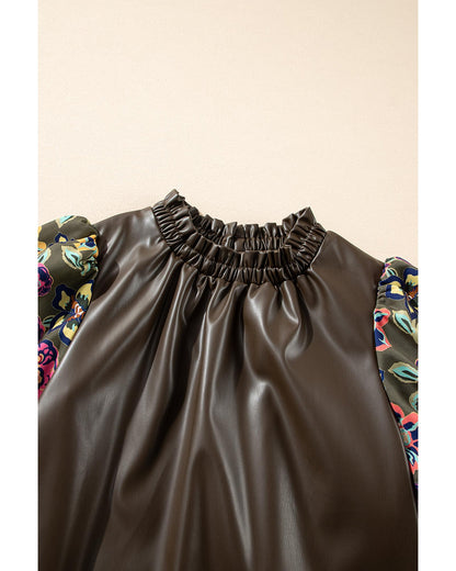 Four Leaf Clover Floral Bubble Sleeve Patchwork Leatherette Frilled Round Neck Blouse - S