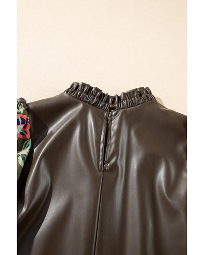 Four Leaf Clover Floral Bubble Sleeve Patchwork Leatherette Frilled Round Neck Blouse - S