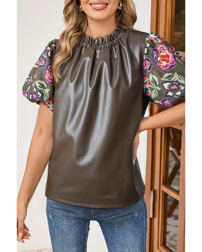 Four Leaf Clover Floral Bubble Sleeve Patchwork Leatherette Frilled Round Neck Blouse - S